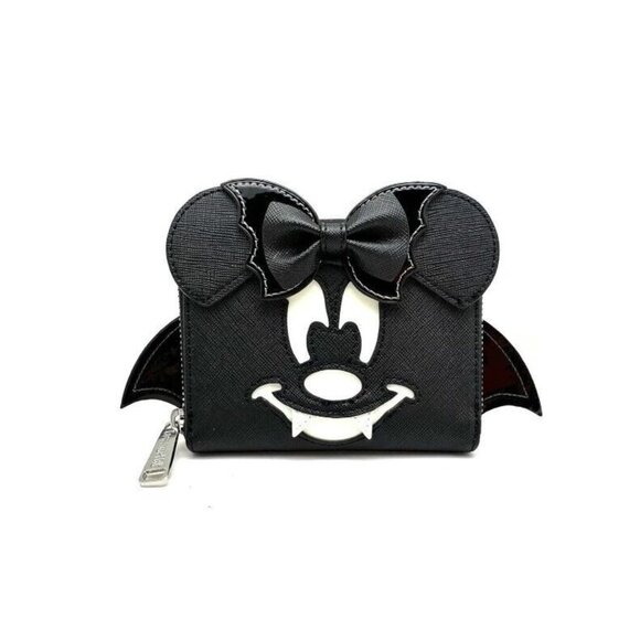 New Disney Halloween Loungefly Minnie Mouse Vampire Bat Wallet Black Glows Dark - Picture 2 of 5